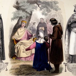 Louis IX, dit Saint Louis (1214-1270) som ger rättvisa under en ek.