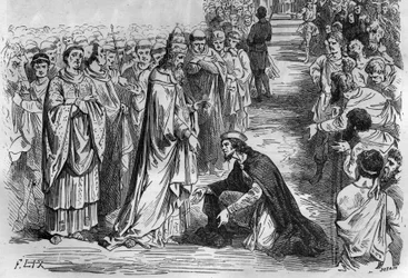 Ludvig I den fromme eller Debonnaire (778-840) vid påven Stefan V:s knän (Stefano, påve från 896 till 897). Gravyr i "Histoire des Papes-Rois-Queen and Empereurs a travers les centuries"" av Maurice Lachatre