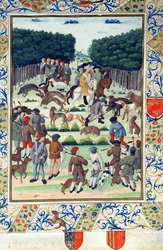 Louis Malet (1441-1516) Seigneur de Graville, jagande vildsvin, från Terrier de Marcoussis, efter 1493