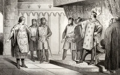 Lejonet Ludvig VIII (1187-1226) tar emot ett sändebud från sin fiende Henrik III (1207-72) av England, ur "Histoire de France" av Colart, publicerad omkring 1840.