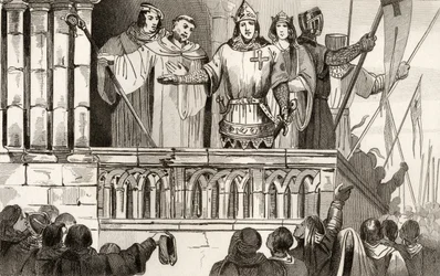 Ludvig VII (1120-80) den unge samlar in stöd till det andra korståget 1144, ur "Histoire de France" av Colart, publicerad omkring 1840.