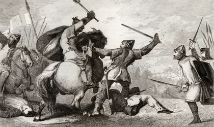 Ludvig VI (1081-1137) den store slåss mot engelsmännen i slaget vid Brenneville, från 