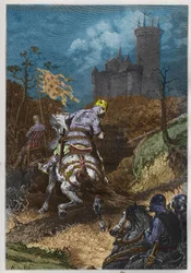 Ludvig VI kallad "" le Gros"" (1081 - 1137), på en expedition av A. DE NEUVILLE - Ludvig den tjocke på expeditionsgravyr från "" Frankrikes historia berättad för mina barnbarn"" - av Francois Guizot - 1872-1876