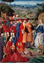Ludvig XII, kardinal Georges av Amboise (1462-1515), Anne av Bretagne och Claude av Frankrike, från Remedies and Fortunes av Petrarch, 1503