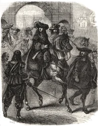 Ludvig XIV (1638-1715) och hans hustru Marie Therese (Marie-Therese) av Österrike (1638-1683) reste in i Paris 1660. Gravyr i "" Histoire de France"" av L.-P. Anguetil