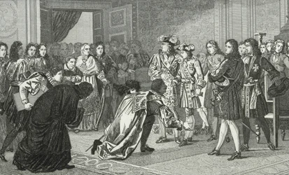 Solkungen Ludvig XIV (1638-1715) presenterar sitt barnbarn Philippe V (1683-1746) för de spanska sändebuden, från 