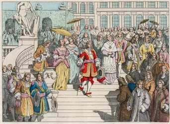 Ludvig XIV (Louis 14) och hans hov i Versailles - Ludvig XIV av Frankrike och hans hov i Versailles - Gravyr från slutet av 1800-talet i "" Nos Gires Nationales - Images et recits""