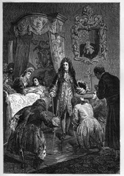 Ludvig XIV besöker Jakob II på sin dödsbädd - Besök av Ludvig XIV, kung av Frankrike hos Jakob II av England (James II Stuart) (1633-1701) döende - gravyr i "Englands historia, från de mest avlägsna tider" av Francois Guizot 1877