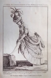 Louis XVI mode: ett fotporträtt av en ung kvinna i en polsk klänning i randig taft. Gravyr från 1778. Paris, dekorativ konst