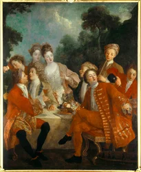 Lunch i Parc Des nobles vid en landsbankett. Målning av den franska skolan på 1700-talet. Orleans Museum of Fine Arts