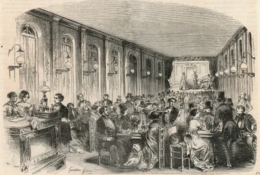 Lyriskt tryck av passagen Jouffroy i Paris på 1800-talet - Gravyr i "" Tableau-de-Paris"" av Edmond Texier 1852