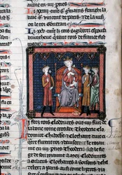 MS.782 Childeric II (c.650-675), Clodomir (c.495-524) och möjligen Theodoric, representerad som under beskydd av kung Clotaire I (c.497-561), sittande på en tron, miniatyr från Chroniques de Saint-Denis (vellum)