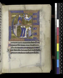 MS 300 f.107r, David ber till Gud (ovan), två präster (nedan), från Psalter and Hours of Isabella of France, Paris, c.1265-70 (penna & bläck och tempera på pergament)