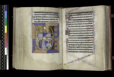 MS 300 f.177v-178r, Matins, Virgin and Child sittande mellan två vaser på bänken (ovan); Förräderi mot Kristus, med Judas som kysser Kristus, och St Peter skär av Malchus öra (nedan), från Isabellas psalter och timmar, Paris, ca 1265-70 (penna &