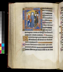 MS 300 f.191v, Mocking of Christ with Jesus, omgiven av plågoande, inklusive två män i judiska mössor, från Isabellas Psalter and Hours of France, Paris, c.1265-70 (penna & bläck och tempera på pergament)