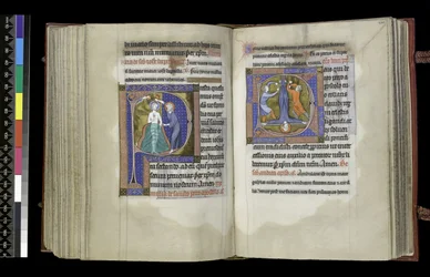 MS 300 f.199v-200r, Rösträtt för Johannes Döparen och Rösträtt för St. Peter, från Isabellas psalter och tider, Paris, c.1265-70 (penna & bläck och tempera på pergament)