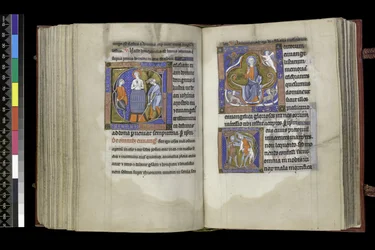 MS 300 f.201v-202r, Rösträtt till Johannes och Rösträtt åt de heliga oskyldiga, från Isabella av Frankrikes psalter och timmar, Paris, ca 1265-70