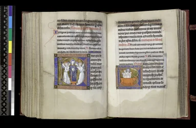 MS 300 f202v-203r, Rösträtt till St Denis och Rösträtt till St Eustace, från Isabella av Frankrikes psalter och timmar, Paris, ca 1265-70
