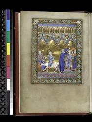 MS 300 f.Vv, David, på tronen, sänder Salomo till Sadoc och Nathan som kröner och smörjer honom, från Isabellas psalter och timmar i Frankrike, Paris, ca 1265-70