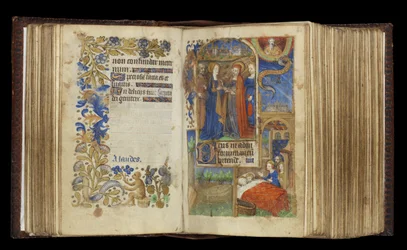 MS 39-1950 f.60v-61r The Visitation (guld, silver & färgat bläck på pergament)