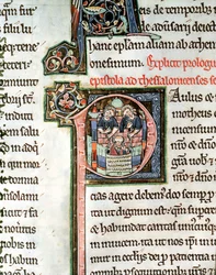MS 3 Fol. 291v The Escape of Saint Paul from Damaskus, upplyst initial bokstav P, 1200-talet, från Avranches Bible