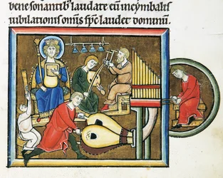 MS CXXXVII fol. 149r, kung David håller i psaltaren och musiker spelar, från psaltaren från Saint Elizabeth (tempera & bladguld på veläng)