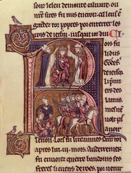 MS Fr 9081 f.99v Historikert initial R som föreställer kung Baldwin I av Flandern (1171-1205) som kröntes till den latinska kejsaren 1204 och hans generositet mot en turkisk kvinna som skickar iväg sitt barn
