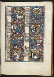 FRÖKEN. Harley 1527, f.77r, miniatyrer från Bible moralisée (vellum)