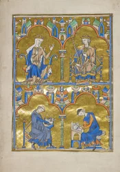 MS M.240 f.8r, Blanche av Kastilien och kung Ludvig IX av Frankrike och nedan: Författare som dikterar till en skriftlärare, Bibeln från Saint Louis (moraliserad bibel), troligen Paris