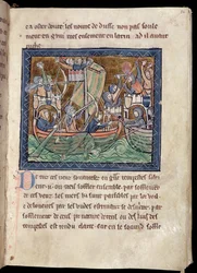 MS Marlay Add 1, fol. 86: Textsida med illumination av ett sjöslag, ur De Re Militari, ca 1270