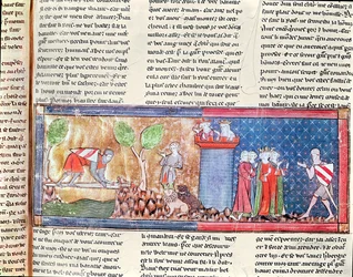 M. 806 f.166 Lancelot bevisar sin kärlek till Guinevere genom att korsa en flod överbryggad av ett skarpt svärd, från Roman de Lancelot du Lac, 1344