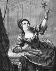 Madame du Favart, Justine du Ronceray (1727-1772) fransk komiker och sångerska, offer för framsteg av Maurice av Sachsen. Gravyr i "Prostitutionens och utsvävningens historia bland alla världens folk från antiken till våra dagar" av Dr Th. -