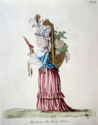 Madame of the Three States En kvinna som bär eleganta kläder och bär på en korg med frukt och grönsaker som representerar de tre staterna vid tiden för den franska revolutionen. Gravyr från 1789. Arsenals bibliotek, paris