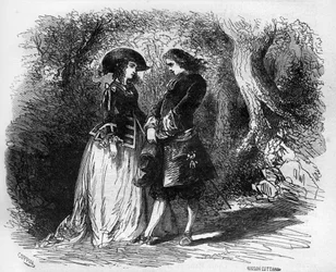 Mademoiselle de Pons träffade sin unga älskare Malicorne omkring 1653. Gravyr i "Prostitutionens och utsvävningens historia bland alla världens folk från antiken till våra dagar" av Dr Th. -F. Debray. 1879.
