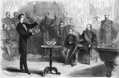 Magisk show av Mr. Faure Nicolay i Chalons lägret i närvaro av kejsar Napoleon III (1808-1873) och hans son Prince Imperial (1856-1879)