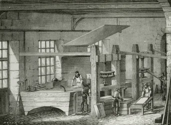 Gör papper för hand genom att sikta massa i formar. Gravyr c1870.