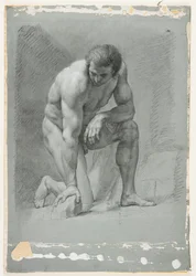 Male Academy, Kneeling, Leaning Forward on a Rock, sent 1700-tal (svart krita med vit förhöjning)