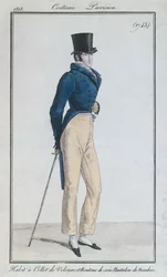 Herrkostym med sammetskrage, sidenknappar och nankeenbyxor, 1816