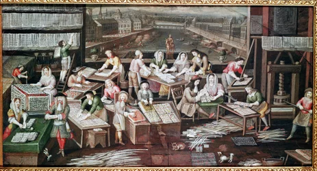 Tillverkning av spelkort i ett hus på Place Dauphine (design för en fläkt, gouache på papper, ca 1680)
