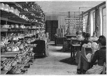 Tillverkning av montreuildockor 1888. Plats för torkning av dockhuvuden före matlagning och decoupage av ögon.