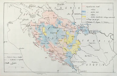 Karta över Bosnien med detaljer om områden ockuperade av etniska minoritetsgrupper, 1910 (penna, bläck och wc)
