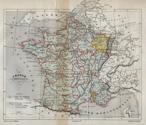 Karta över Frankrike vid Ludvig XIV:s död 1715. Gravyr i Frankrikes historia av Victor Duruy (1811-1894), 1882