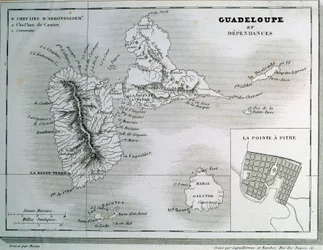 Karta över Guadeloupe och dess beroenden. Gravyr av 1800-talet. Chartres, Museum of Fine Arts