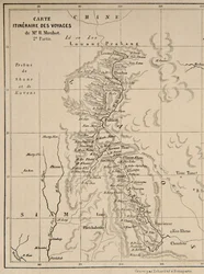 Karta över Laos och Mekongfloden som visar Henri Mouhots resrutt, illustration ur Resor i de centrala delarna av Indokina (Siam), Kambodja och Laos under åren 1858, 1859, a