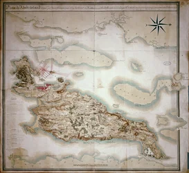 Karta över Rhode Island vid tiden för dess ockupation 1780-81 av den franska armén på order av Jean-Baptiste de Vimeur (1725-1807) greve av Rochambeau