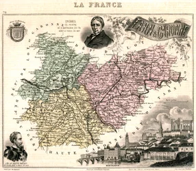 Karta över Tarn-et-Garonne med utsikt över Montauban och porträtt av Ingres och Jean Parisot de La Valette (färg litho)