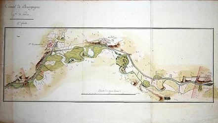 Karta över Canal de Bourgogne, sent 1700-tal (akvarell på papper)