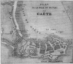 Karta över staden och hamnen i Gaete (Gaeta), Italien