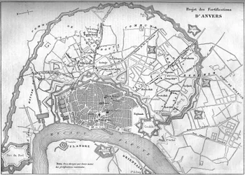 Karta över staden Antwerpen (Belgien) 1859; som representerar projektet med de nya befästningarna. Gravyr i "" Le Monde Illustré"" nr 128 den 24 september