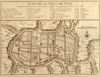 Karta över staden Siam, huvudstad i kungariket med det namnet efter en undersökning gjord av en fransk ingenjör 1687, publicerad i 1751 års upplaga av Histoire Generale des Voyages av Antoine Prevost